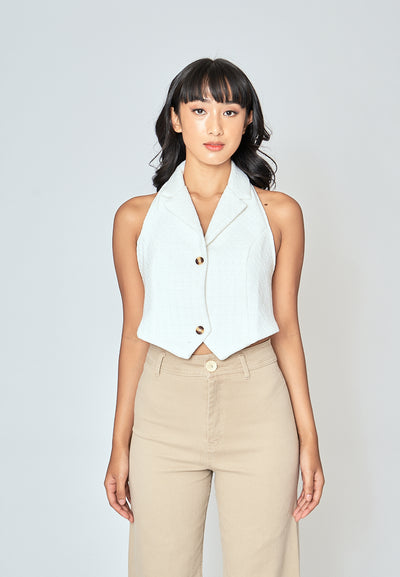Neisha White Tweed V Neck Single Breasted Notched Collar Sleeveless Crop Top
