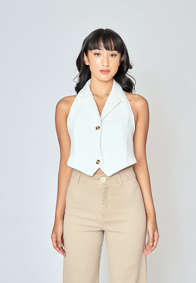 Neisha White Tweed V Neck Single Breasted Notched Collar Sleeveless Crop Top