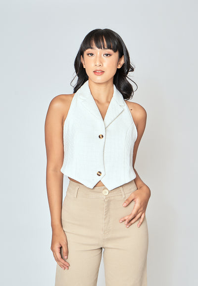 Neisha White Tweed V Neck Single Breasted Notched Collar Sleeveless Crop Top