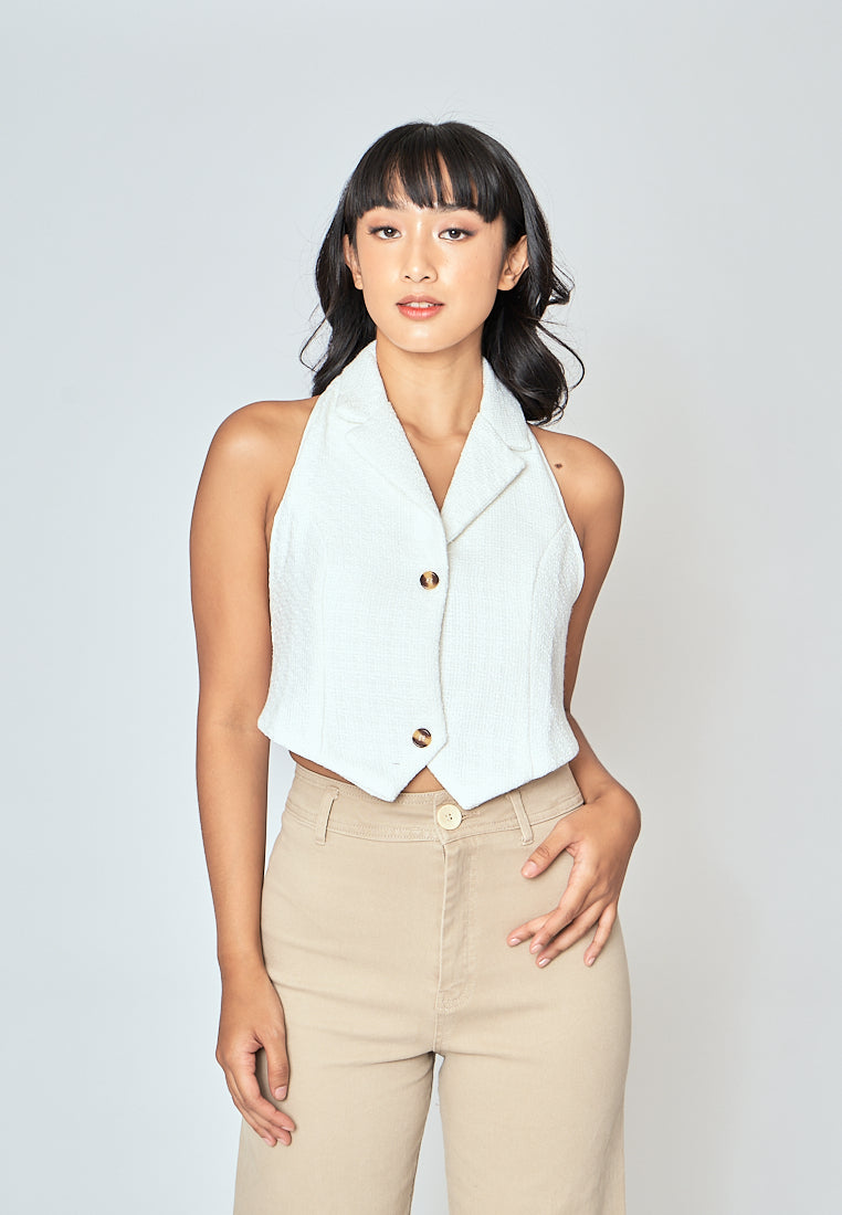 Neisha White Tweed V Neck Single Breasted Notched Collar Sleeveless Crop Top