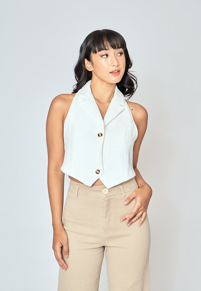 Neisha White Tweed V Neck Single Breasted Notched Collar Sleeveless Crop Top