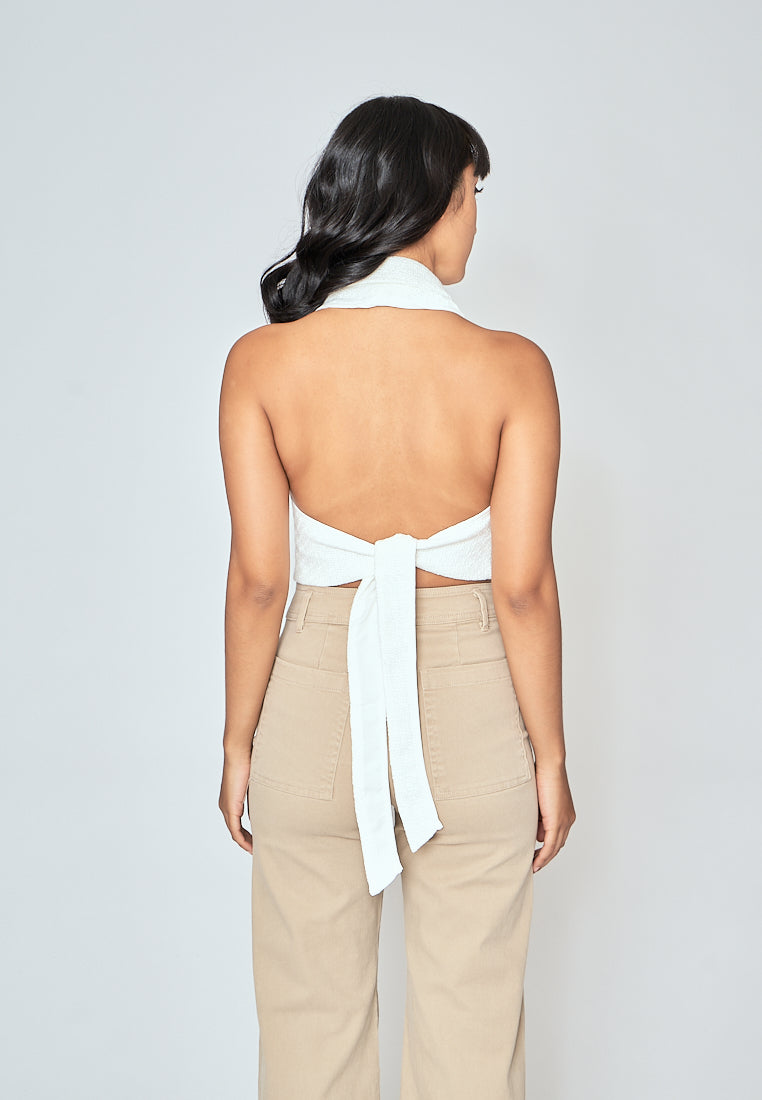 Neisha White Tweed V Neck Single Breasted Notched Collar Sleeveless Crop Top