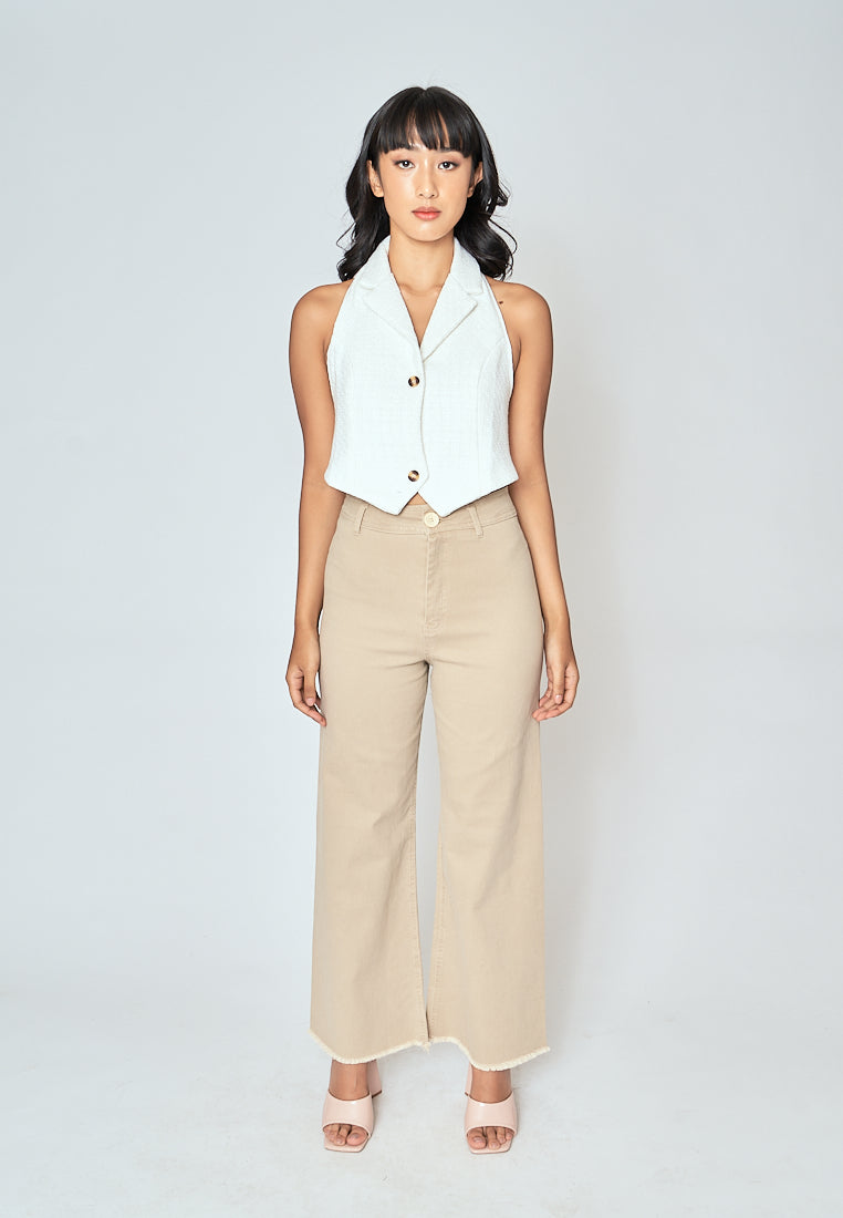 Neisha White Tweed V Neck Single Breasted Notched Collar Sleeveless Crop Top