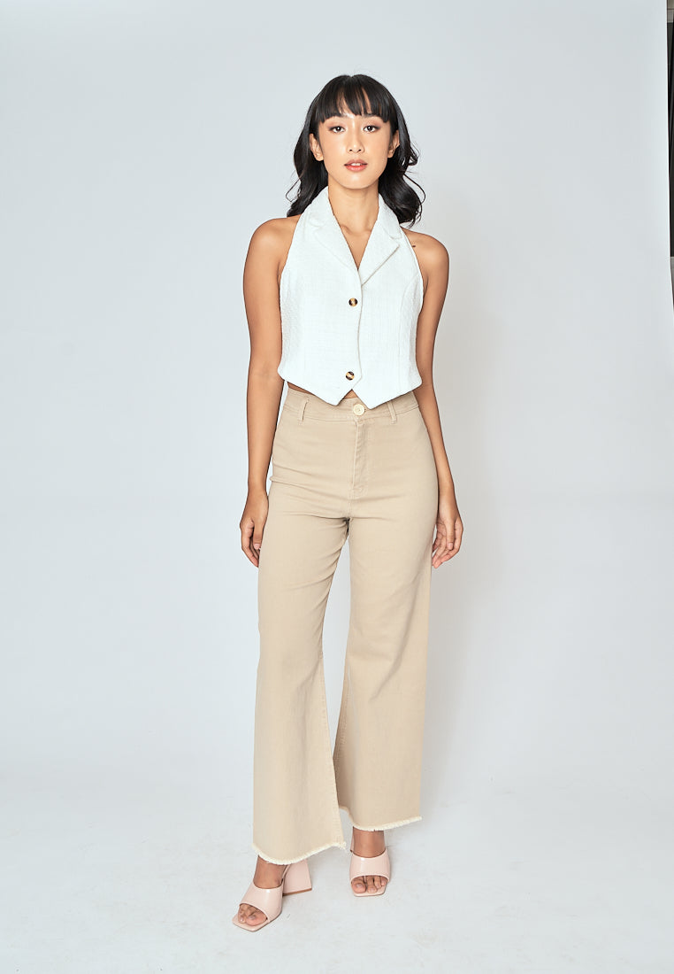 Neisha White Tweed V Neck Single Breasted Notched Collar Sleeveless Crop Top