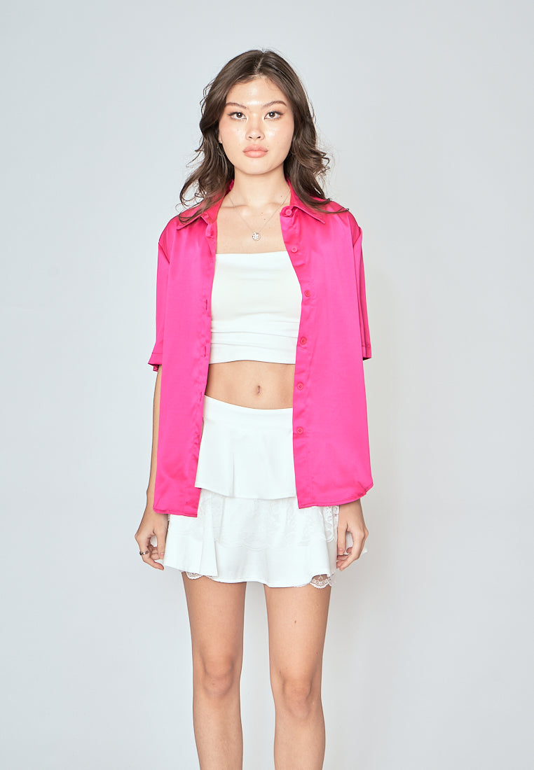Kila Pink Turn Down Collar Buttondown Short Sleeves Basic Polo Top