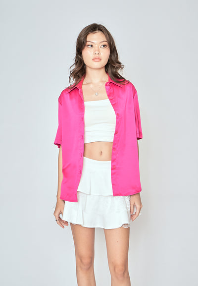 Kila Pink Turn Down Collar Buttondown Short Sleeves Basic Polo Top