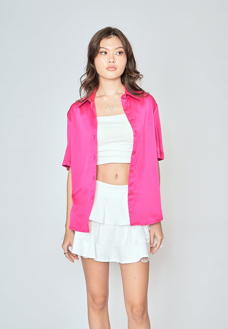 Kila Pink Turn Down Collar Buttondown Short Sleeves Basic Polo Top