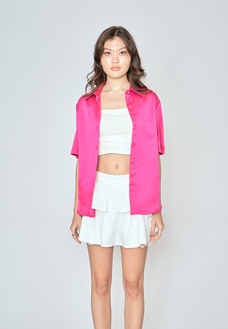 Kila Pink Turn Down Collar Buttondown Short Sleeves Basic Polo Top