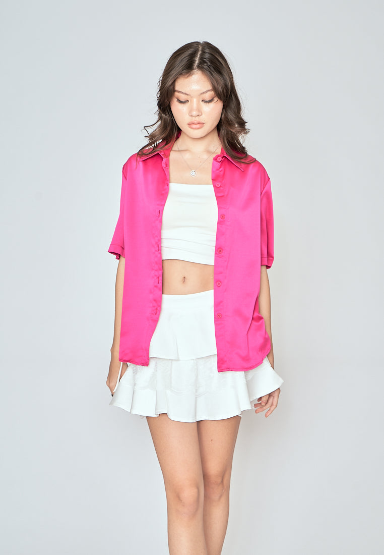 Kila Pink Turn Down Collar Buttondown Short Sleeves Basic Polo Top