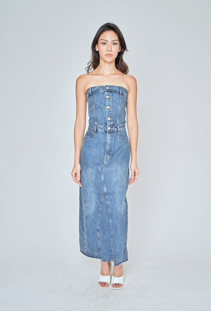 Tanzanite Light Blue Denim Buttons Up Back Slit Tube Midi Dress