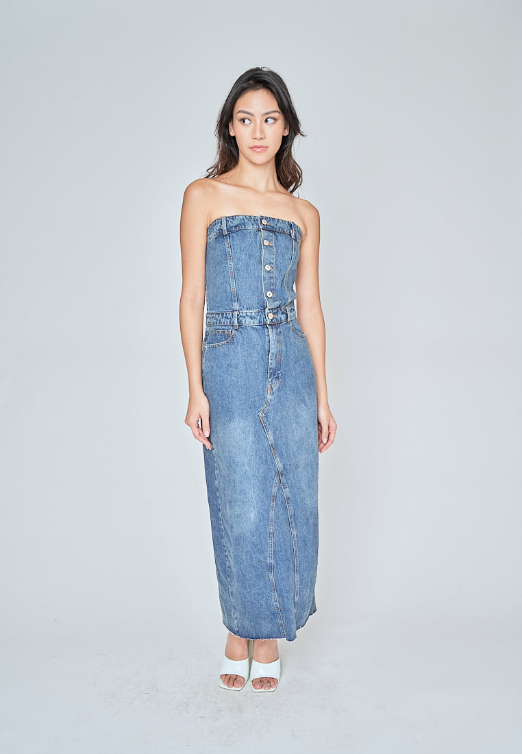 Tanzanite Light Blue Denim Buttons Up Back Slit Tube Midi Dress