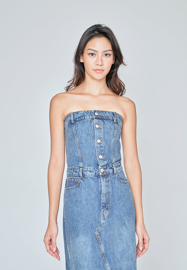 Tanzanite Light Blue Denim Buttons Up Back Slit Tube Midi Dress