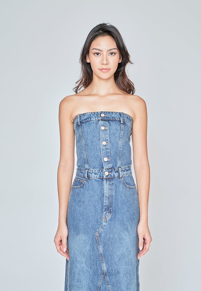 Tanzanite Light Blue Denim Buttons Up Back Slit Tube Midi Dress