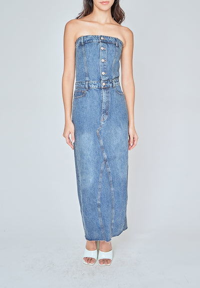 Tanzanite Light Blue Denim Buttons Up Back Slit Tube Midi Dress