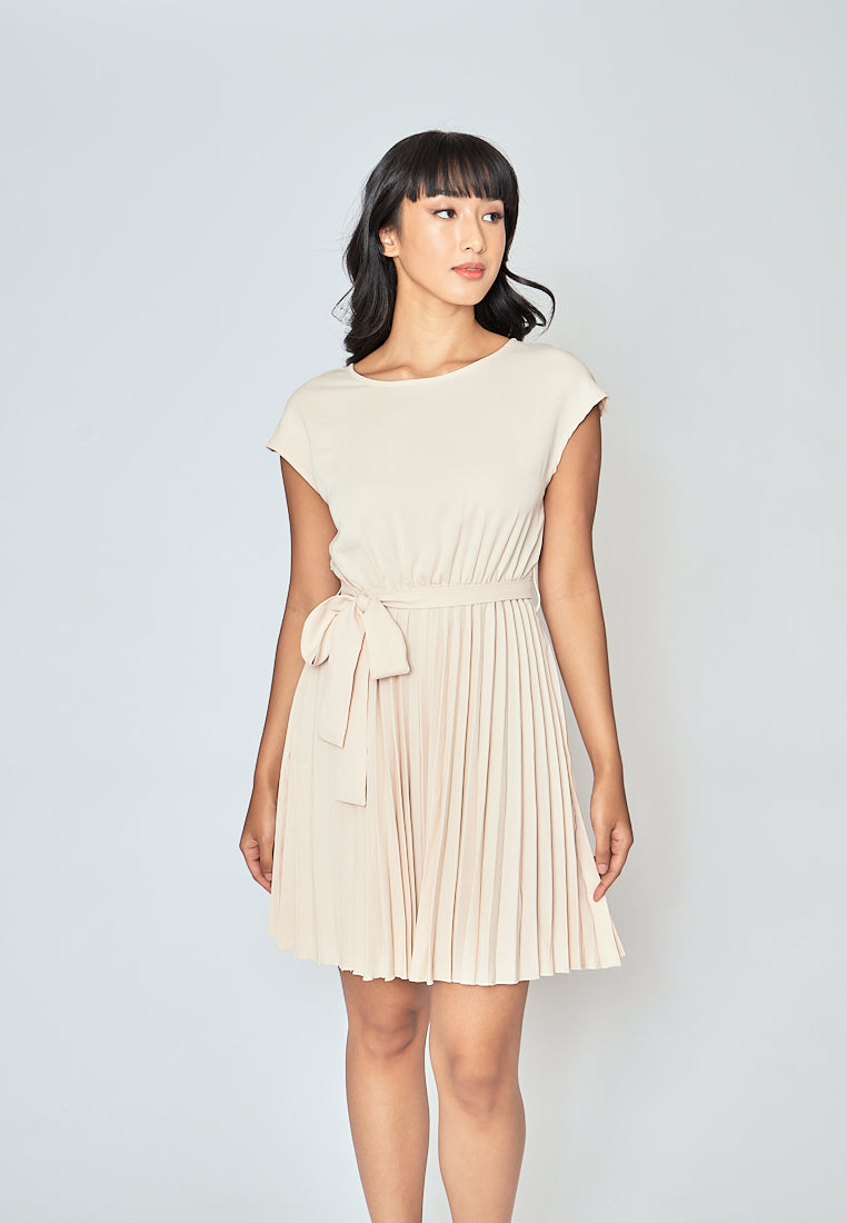 Candid Beige Round Neck Short Sleeves Pleated with Belt Mini Dress