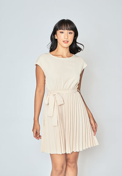 Candid Beige Round Neck Short Sleeves Pleated with Belt Mini Dress