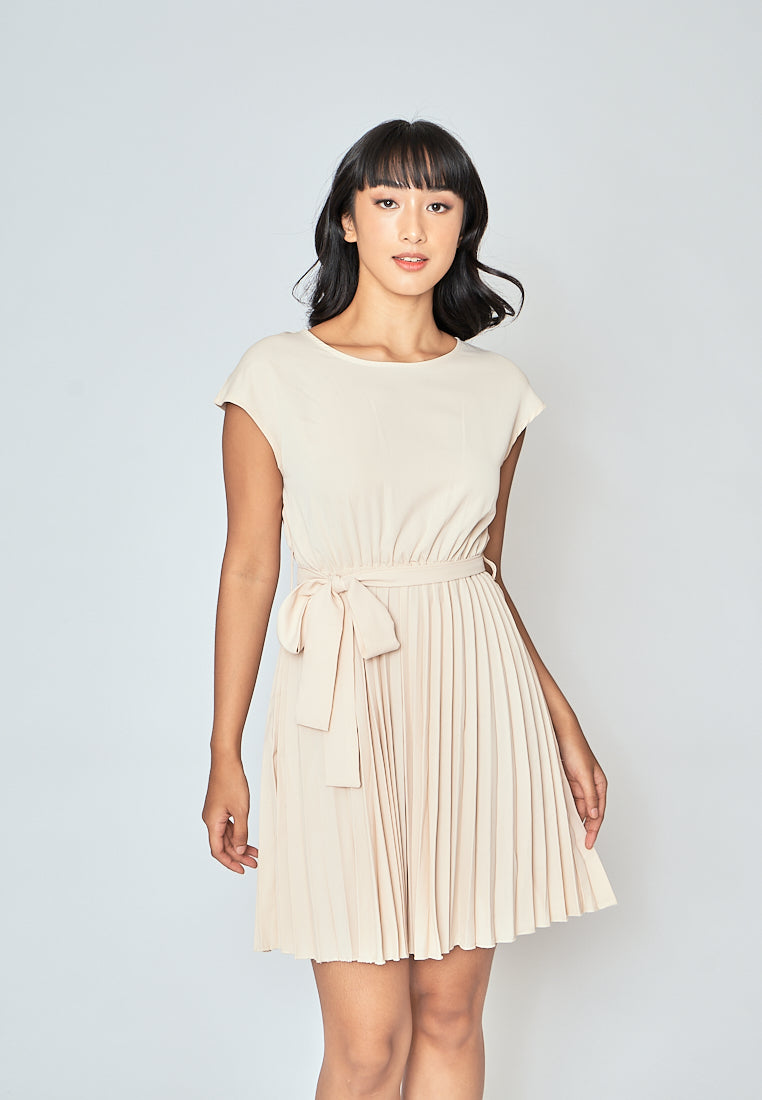 Candid Beige Round Neck Short Sleeves Pleated with Belt Mini Dress