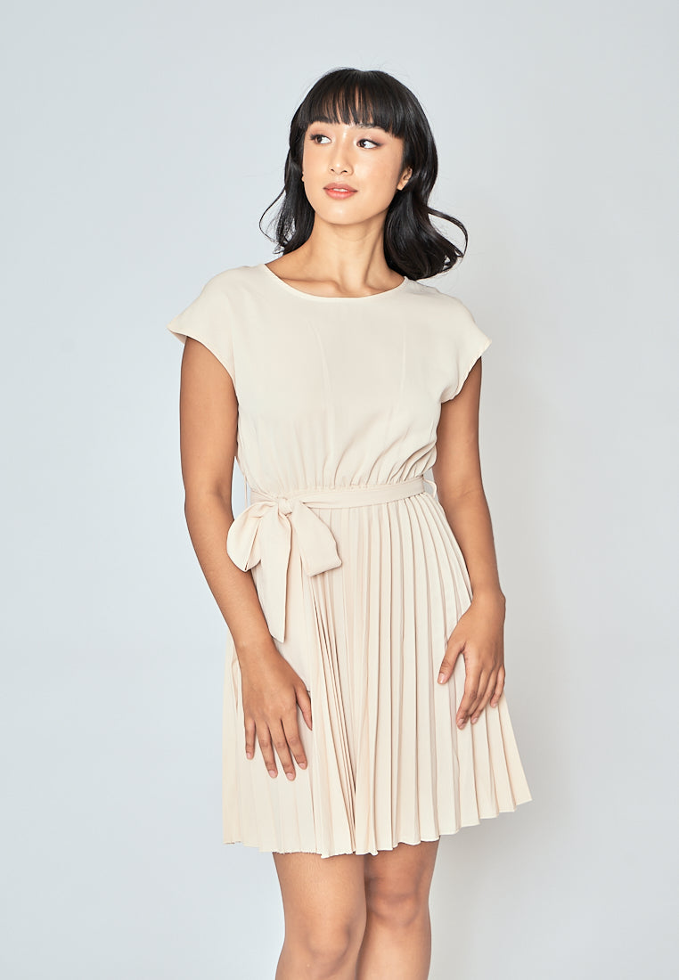 Candid Beige Round Neck Short Sleeves Pleated with Belt Mini Dress