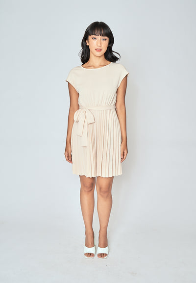 Candid Beige Round Neck Short Sleeves Pleated with Belt Mini Dress