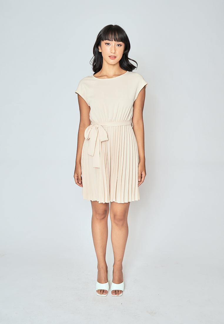 Candid Beige Round Neck Short Sleeves Pleated with Belt Mini Dress