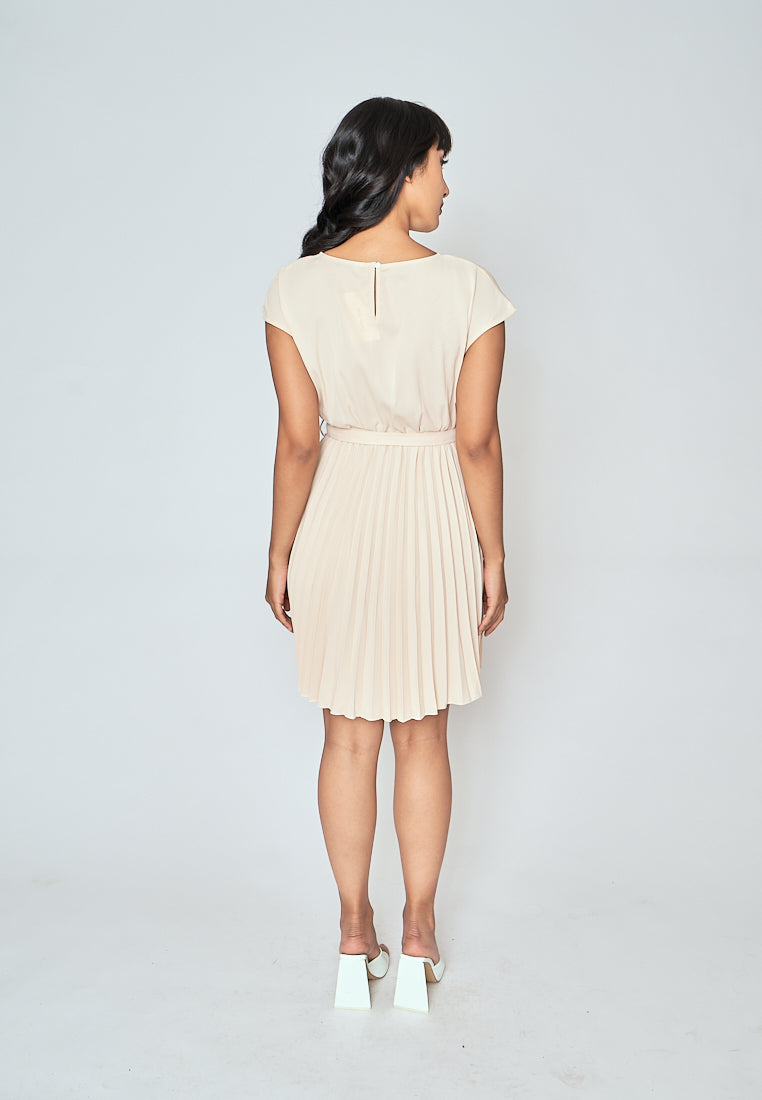 Candid Beige Round Neck Short Sleeves Pleated with Belt Mini Dress