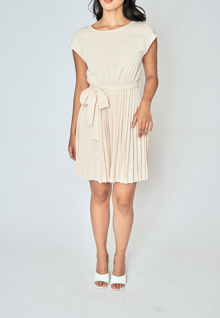 Candid Beige Round Neck Short Sleeves Pleated with Belt Mini Dress