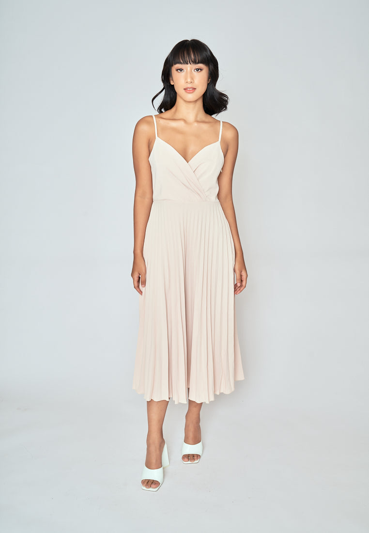 Piper Beige V Neckline Pleated Sleeveless Midi Dress