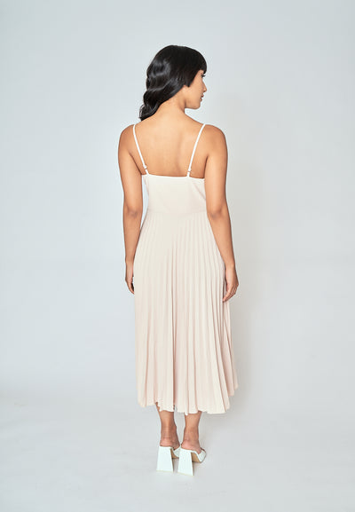 Piper Beige V Neckline Pleated Sleeveless Midi Dress