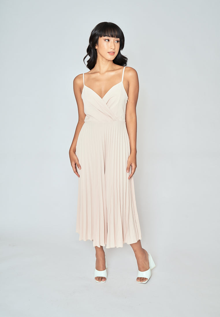 Piper Beige V Neckline Pleated Sleeveless Midi Dress