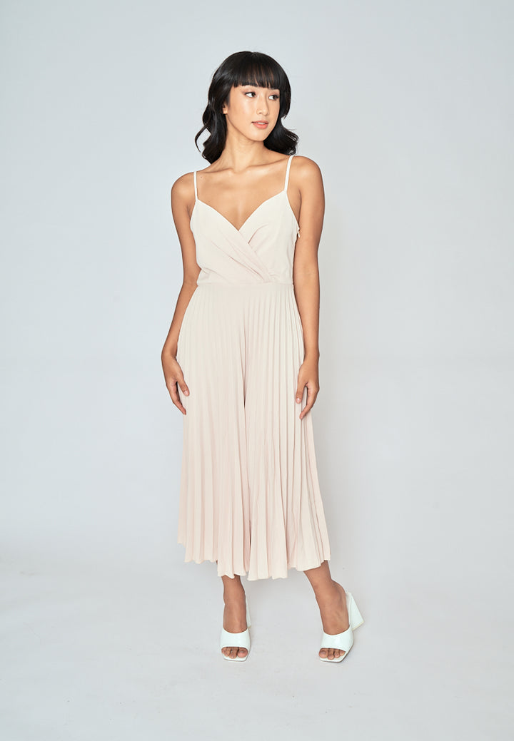 Piper Beige V Neckline Pleated Sleeveless Midi Dress