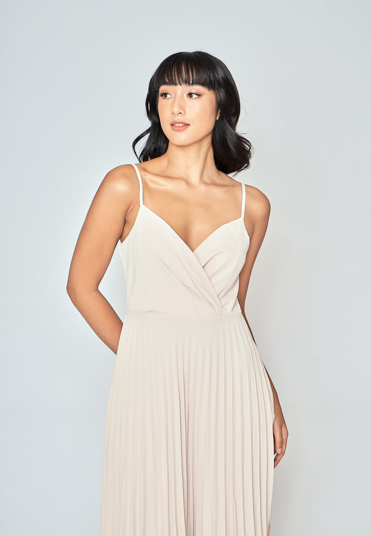 Piper Beige V Neckline Pleated Sleeveless Midi Dress