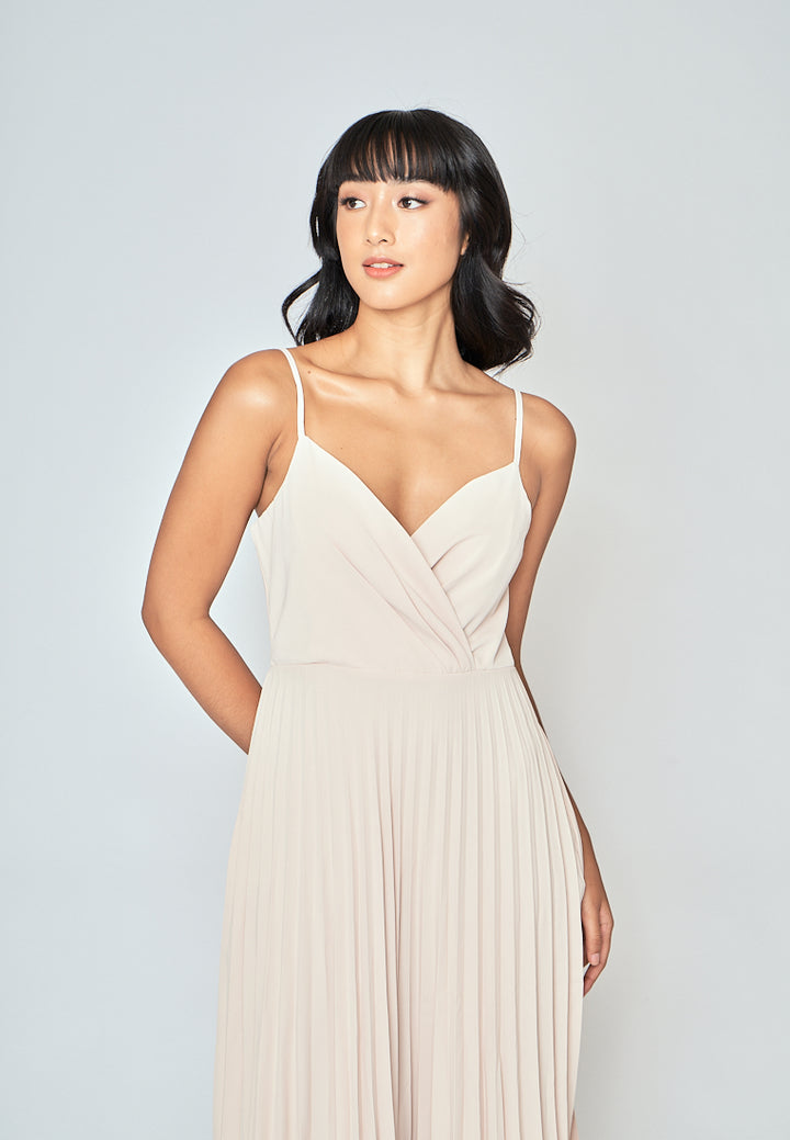 Piper Beige V Neckline Pleated Sleeveless Midi Dress