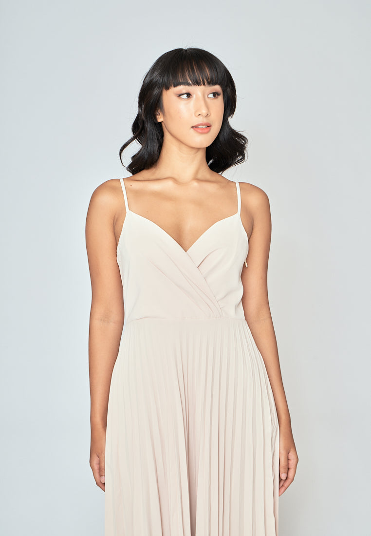 Piper Beige V Neckline Pleated Sleeveless Midi Dress