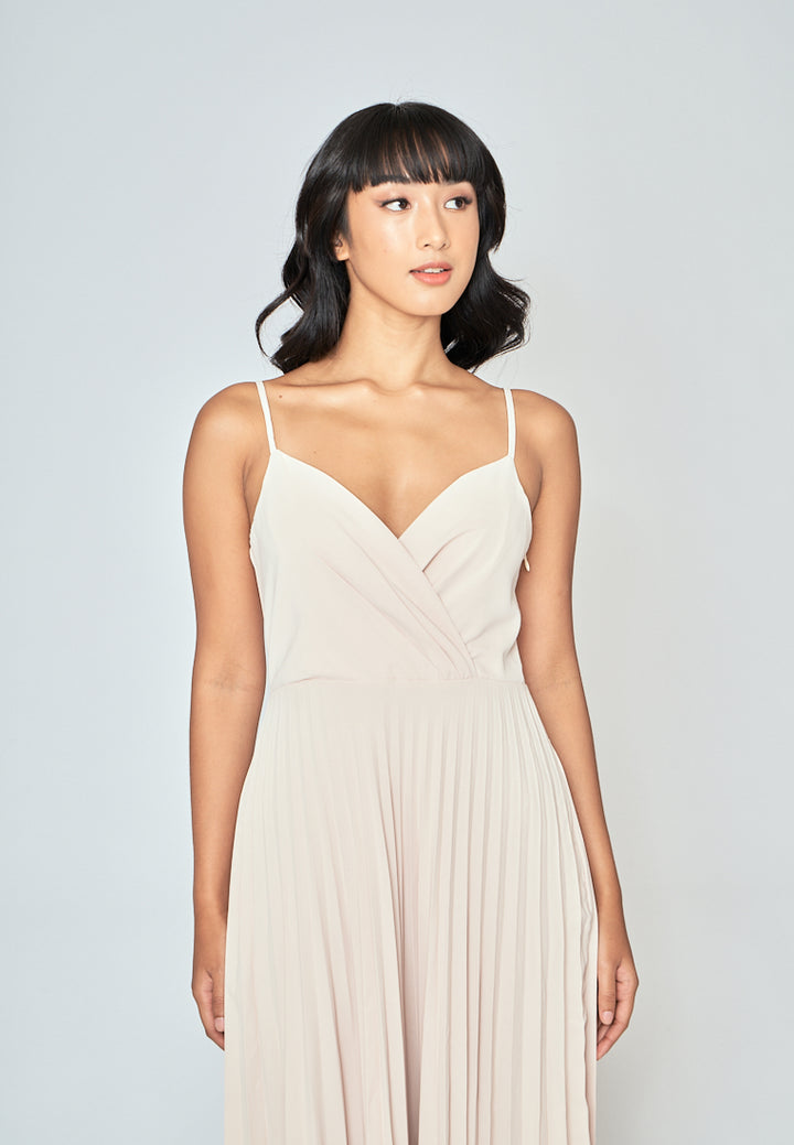 Piper Beige V Neckline Pleated Sleeveless Midi Dress