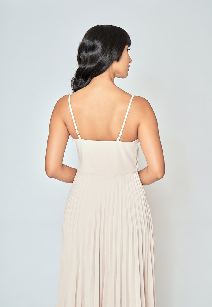 Piper Beige V Neckline Pleated Sleeveless Midi Dress