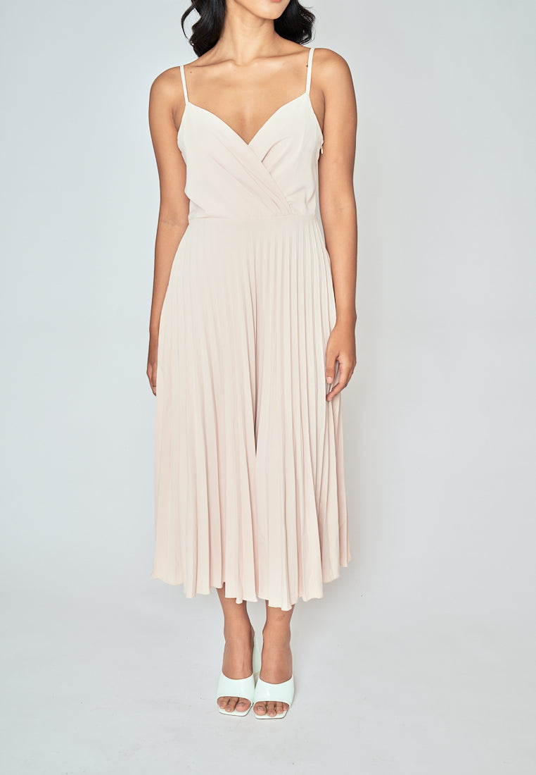 Piper Beige V Neckline Pleated Sleeveless Midi Dress