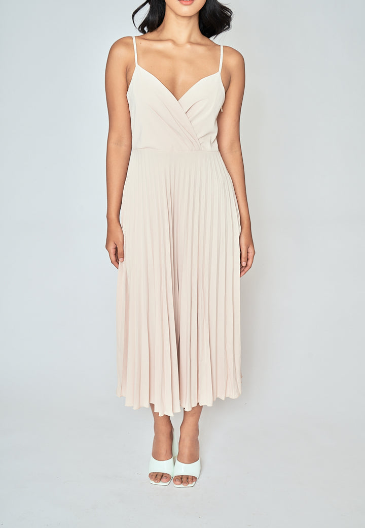 Piper Beige V Neckline Pleated Sleeveless Midi Dress