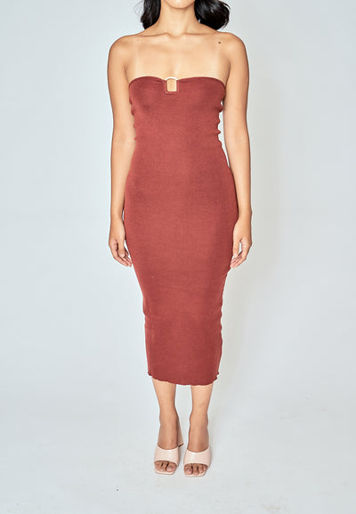 Anissa Brown Knitted Sweetheart Neckline Sleeveless Bodycon Midi Dress