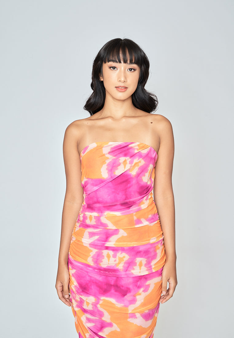 Monalisse Multicoloured Tie Dye Pleated Sleeveless Bodycon Tube Midi Dress