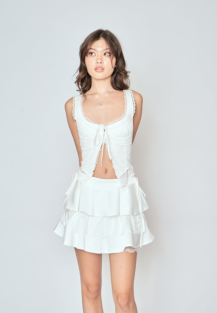 Gwyne White Square Neck Pleated Lace Up Front Slit Sleeveless Crop Top