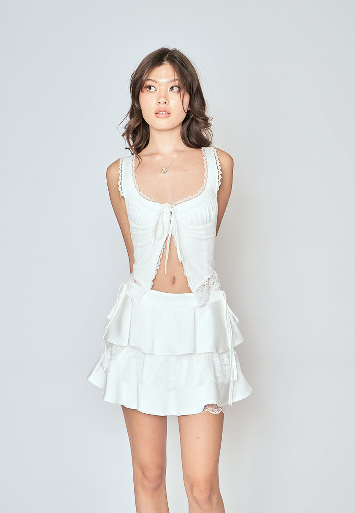 Gwyne White Square Neck Pleated Lace Up Front Slit Sleeveless Crop Top