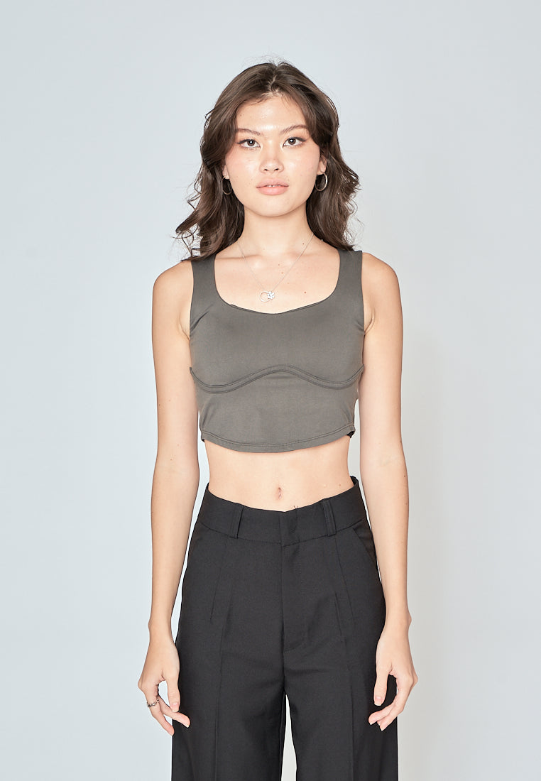 Kepler Green Square Neck Lined Underbust Sleeveless Crop Top