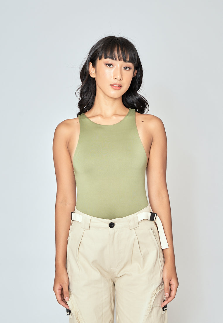 Barba Sage Green Round Neck Sleeveless Bodysuit