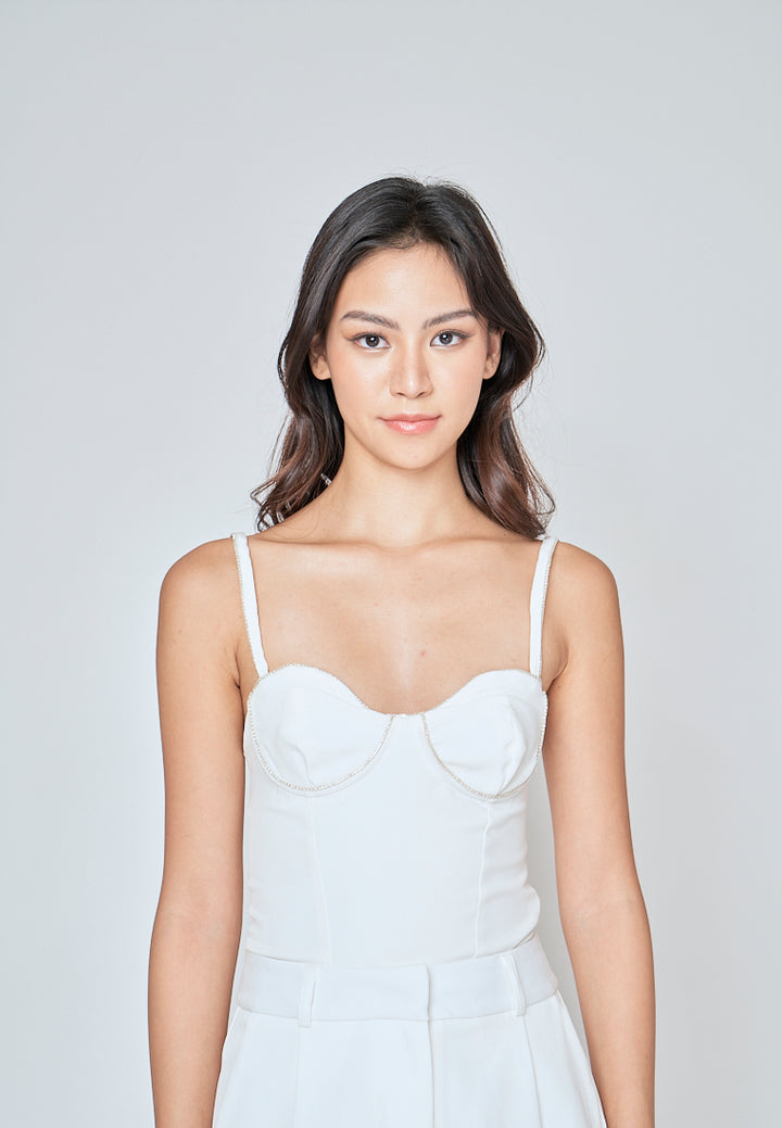 Jaidee White Rhinestone Sweetheart Neckline Sleeveless Bodysuit