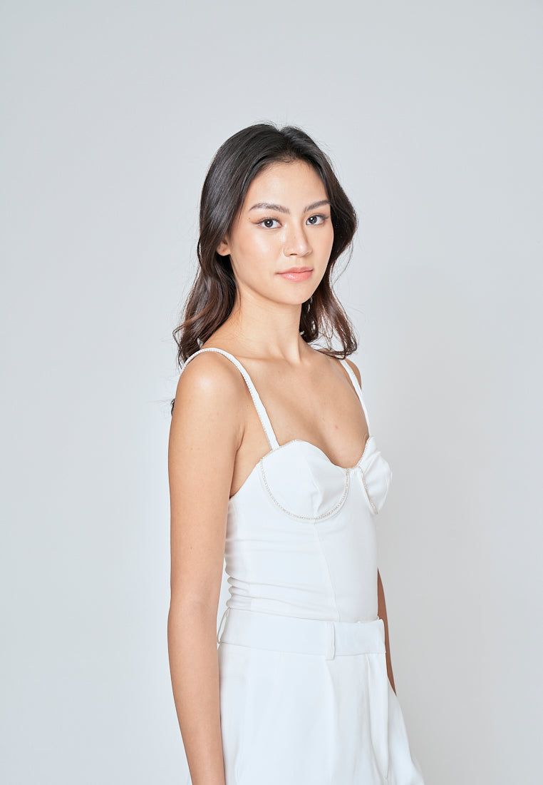 Jaidee White Rhinestone Sweetheart Neckline Sleeveless Bodysuit