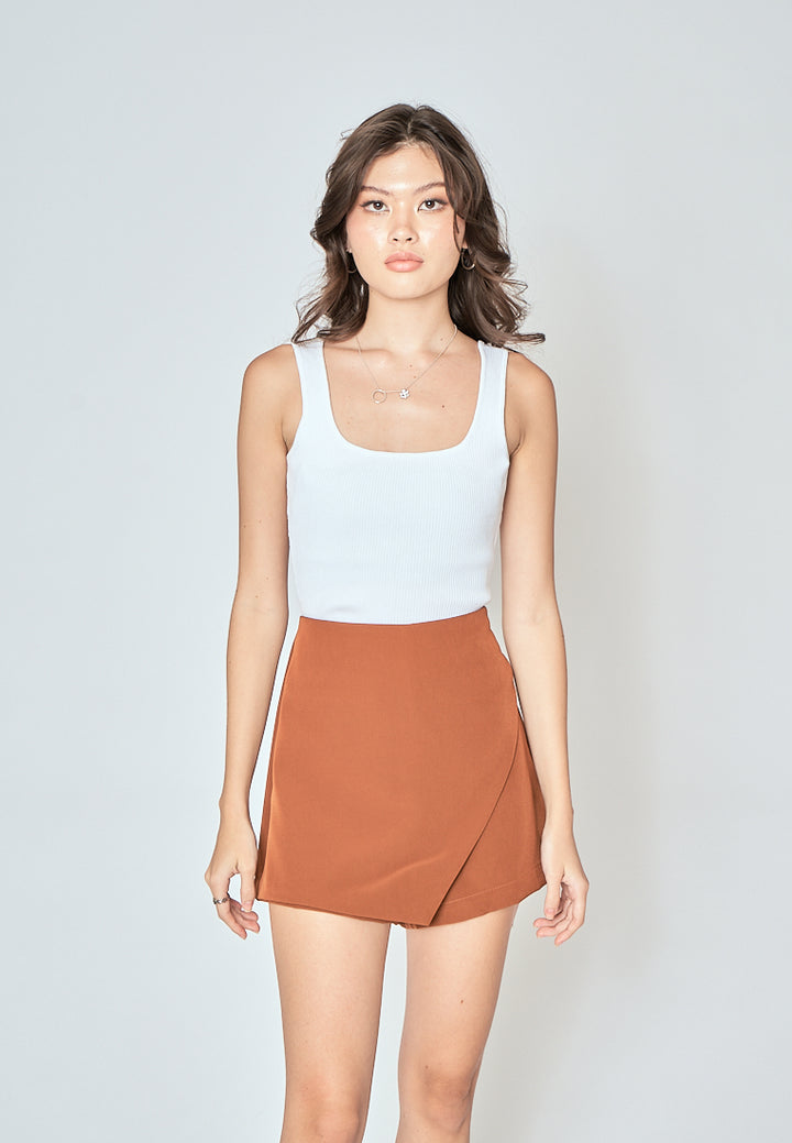 Teri Brown Asymmetrical Overlap with Side Zipper Casual Mini Skort
