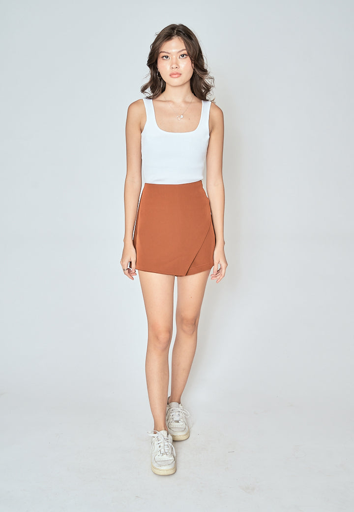 Teri Brown Asymmetrical Overlap with Side Zipper Casual Mini Skort