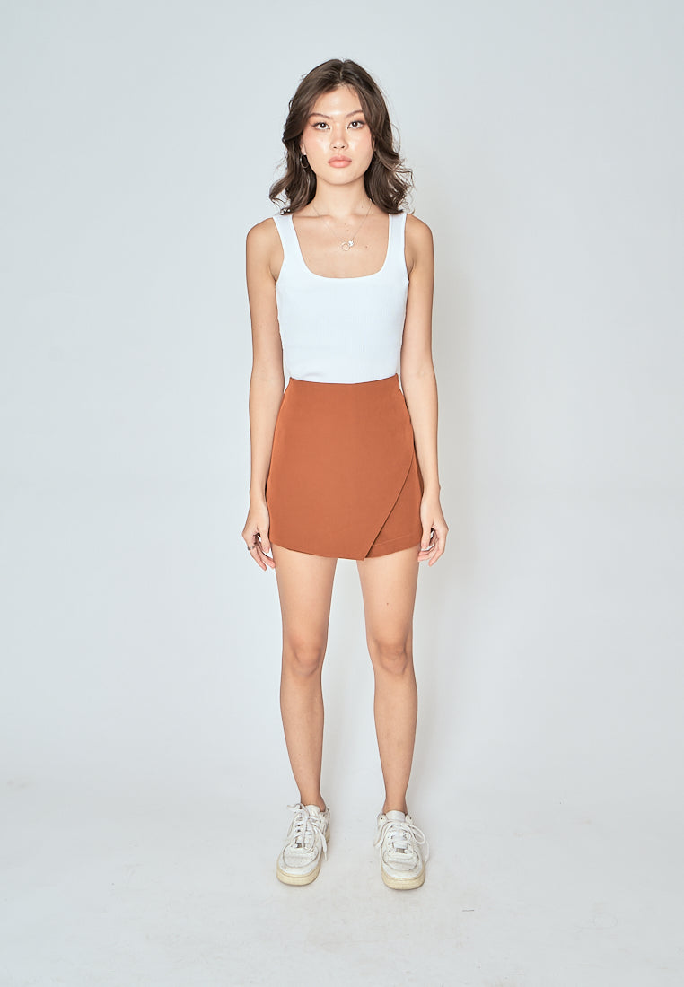 Teri Brown Asymmetrical Overlap with Side Zipper Casual Mini Skort