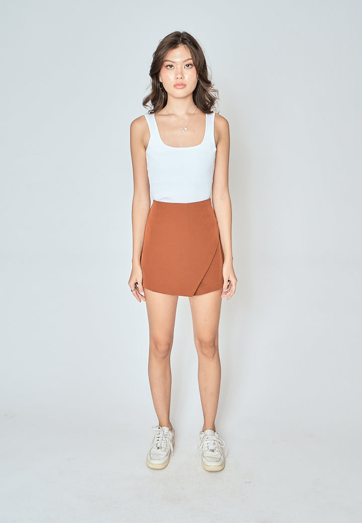 Teri Brown Asymmetrical Overlap with Side Zipper Casual Mini Skort