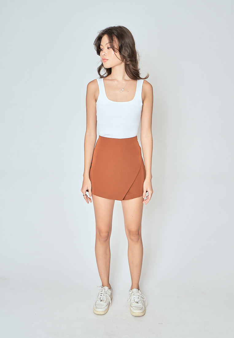 Teri Brown Asymmetrical Overlap with Side Zipper Casual Mini Skort